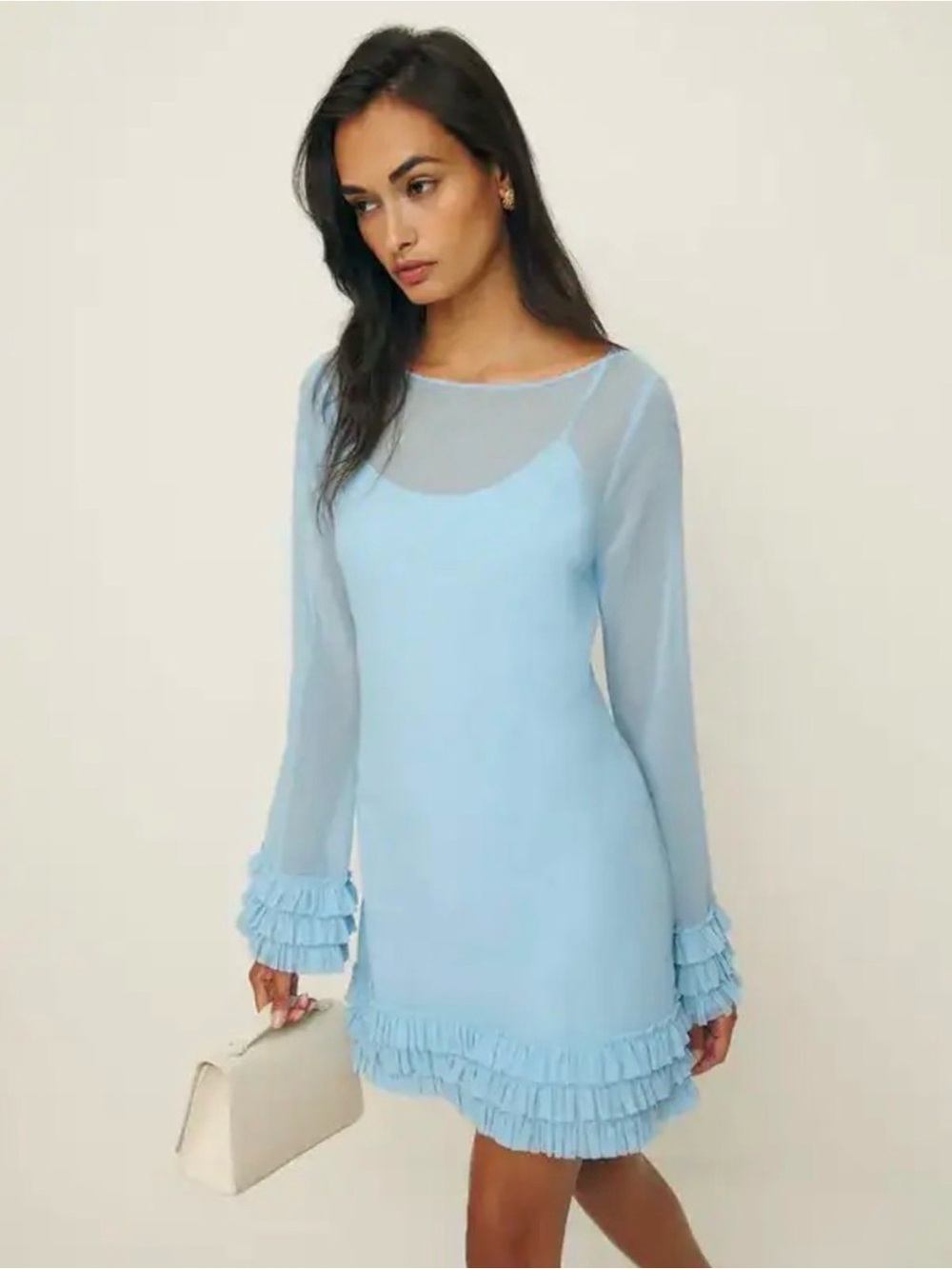 Reformation Avalina dress Light Blue Ruffle Trim Sheer Sleeve Dress